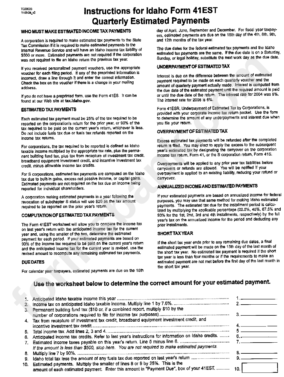 Instructions For Idaho Form 41est - Quarterly Estimated Payments