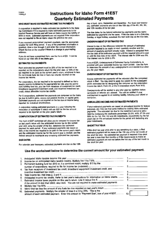 Instructions For Idaho Form 41est - Quarterly Estimated Payments Printable pdf