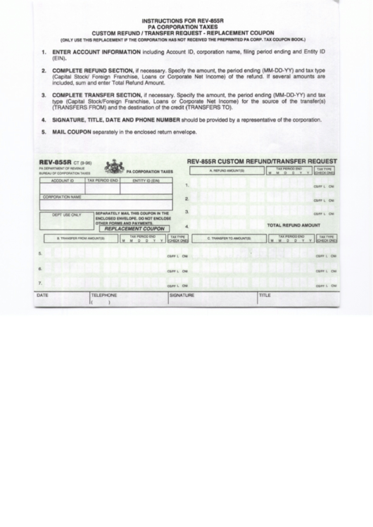 Form Rev-855r - Custom Refund/transfer Request - Replacement Coupon - Pa Corporation Taxes Printable pdf