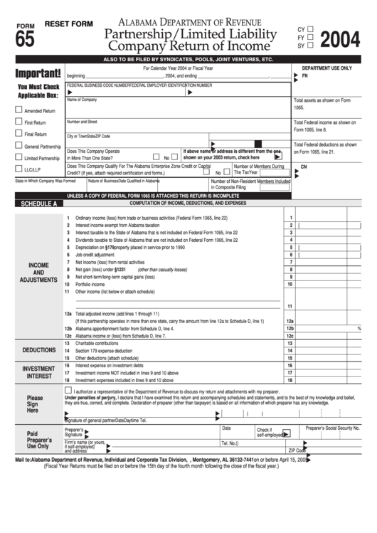 Fillable Form 65 - Partnership/limited Liabilitycompany Return Of ...