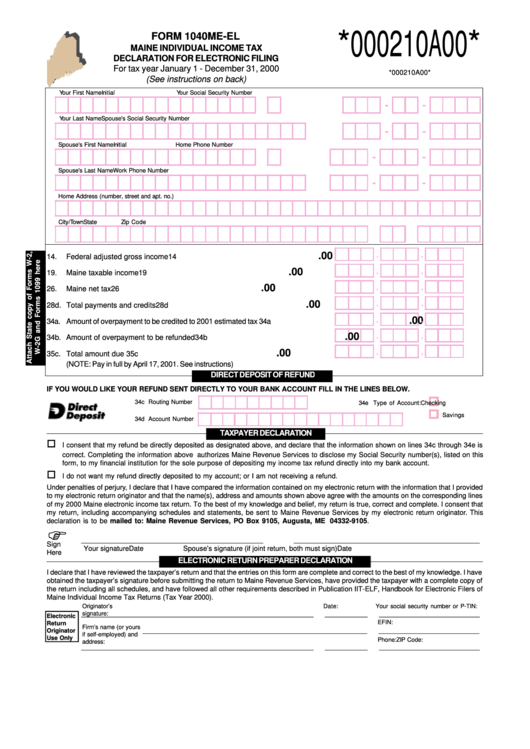 Form 1040me-El - Maine Individual Income Tax Declaration For Electronic Filing Printable pdf