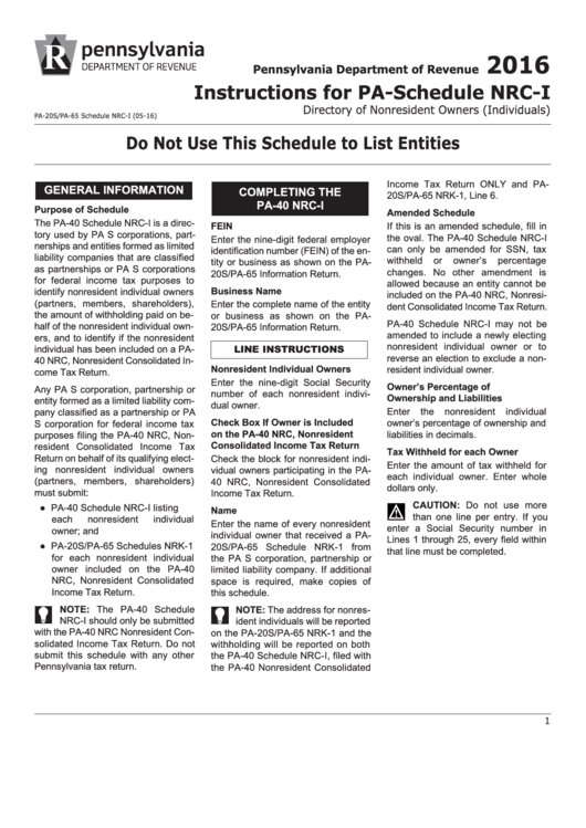 Instructions For Pa-Schedule Nrc-I - Directory Of Nonresident Owners - 2016 Printable pdf