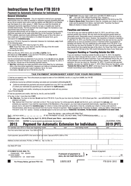 Fillable California Form 3519 (Pit) - Payment For Automatic Extension For Individuals - 2012 Printable pdf