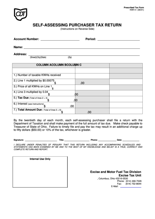 Form Kwh-4 - Prescribed Tax Form Kwh-4 - Self-Assessing Purchaser Tax Return Printable pdf
