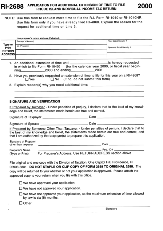 Form Ri-2688 - Application For Additional Extension Of Time To File ...