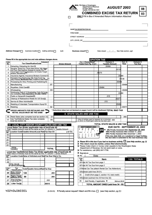 Combined Excise Tax Return - State Of Washington - 2003 Printable pdf