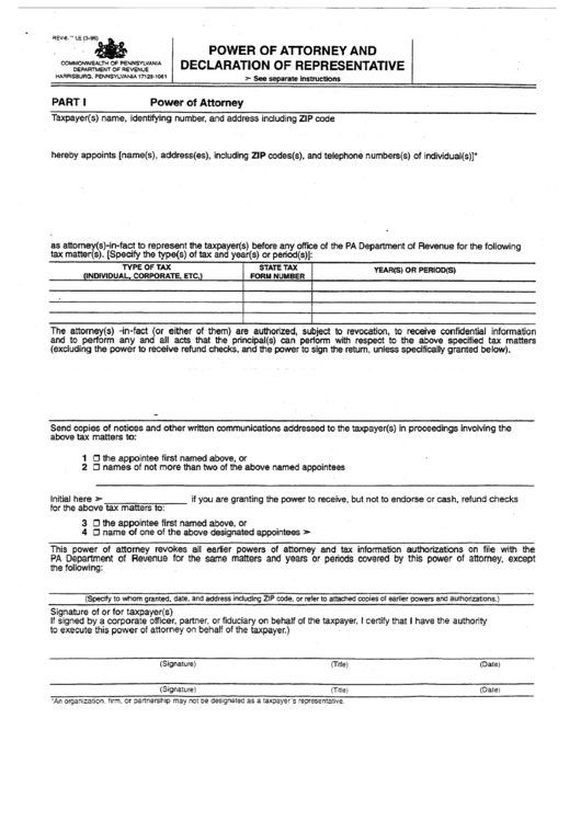 Power Of Attorney And Declaration Of Representative - Commonwealth Of Pennsylvania Department Of Revenue Printable pdf