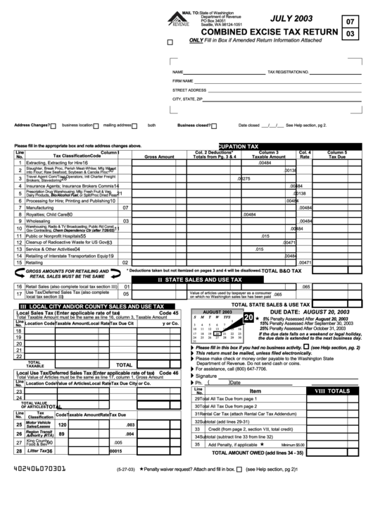 Combined Excise Tax Return- State Of Washington - 2003 Printable pdf