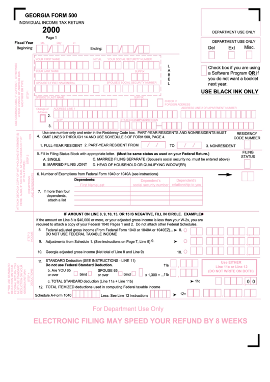 Form 500 - Individual Income Tax Return - 2000 Printable pdf