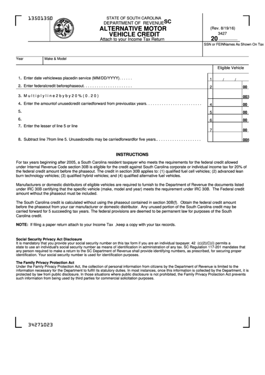 Sc Schedule Tc-35 - Alternative Motor Vehicle Credit - South Carolina Department Of Revenue Printable pdf