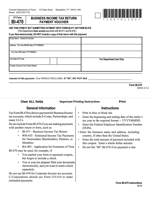 Fillable Vt Form Bi-470 - Business Income Tax Return Payment Voucher Printable pdf