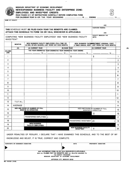 Form Mo 4191524 - New/expanded Business Facility And Enterprise Zone: Employees And Investment Credits Printable pdf