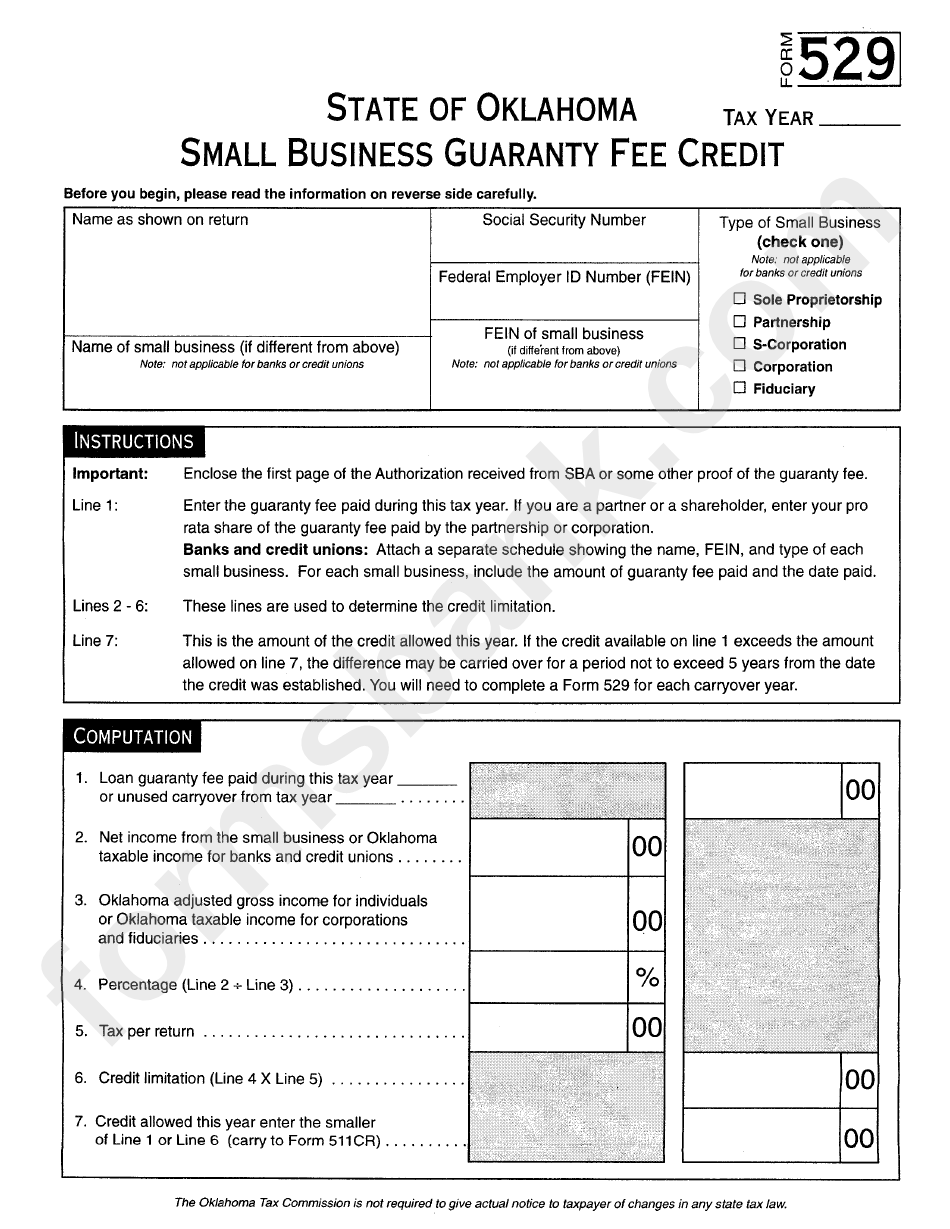 form-529-small-business-guaranty-fee-credit-oklahoma-tax-comission