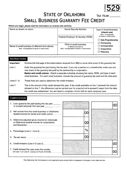Form 529 - Small Business Guaranty Fee Credit - Oklahoma Tax Comission Printable pdf