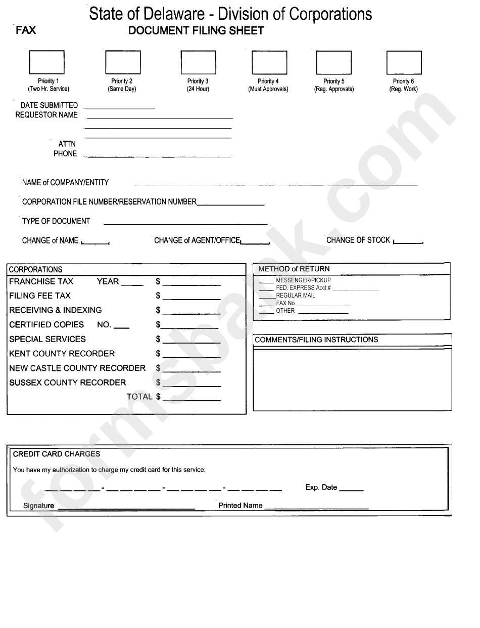 Document Filling Sheet - Delaware Division Of Corporations