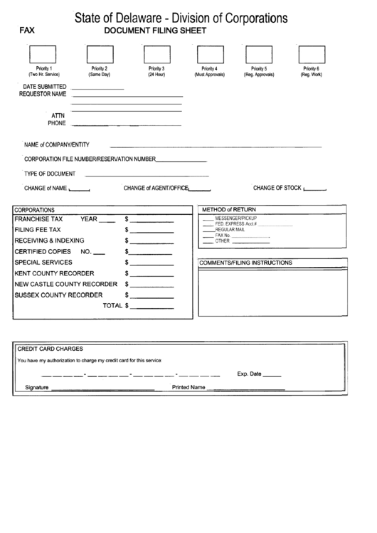 Document Filling Sheet - Delaware Division Of Corporations Printable pdf