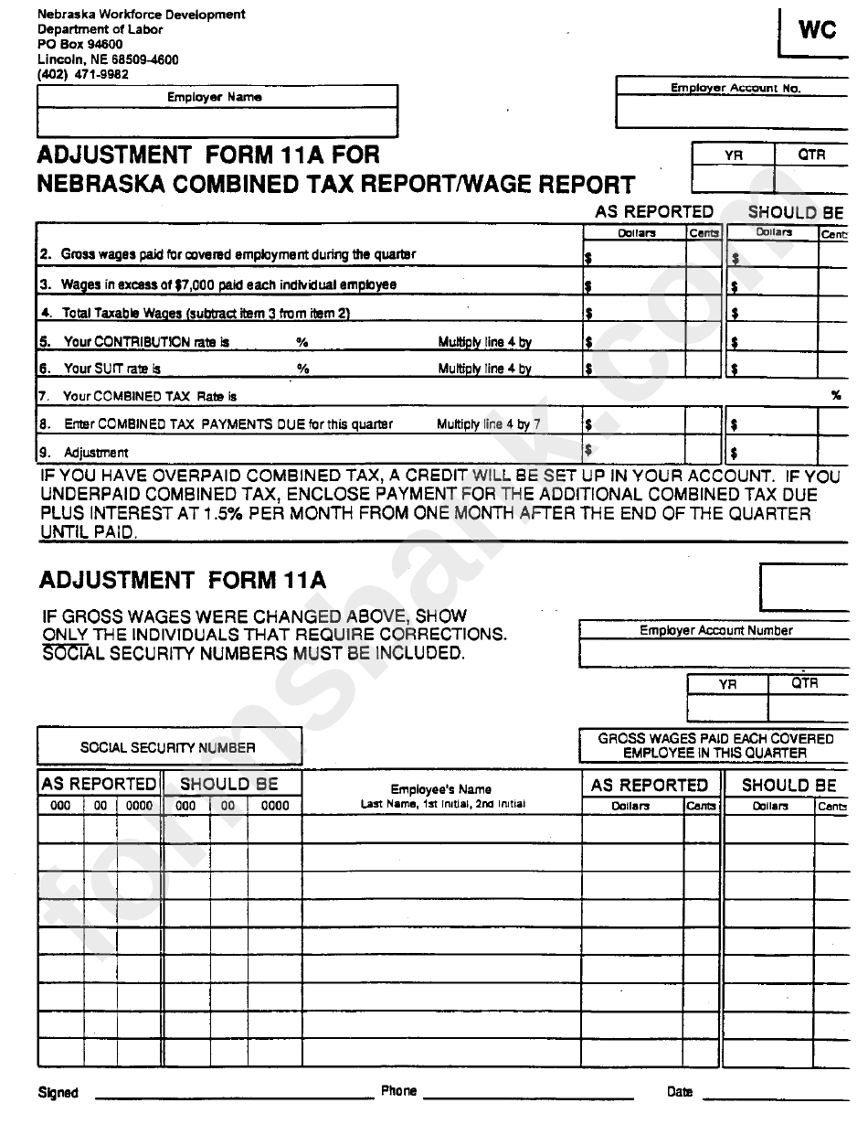 Adjustment Form 11a For Nebraska Combined Tax Report/wage Report - Nebraska Department Of Labor