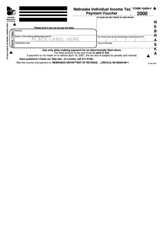 Form 1040n-V - Nebraska Individual Income Tax Payment Voucher 2000 Printable pdf