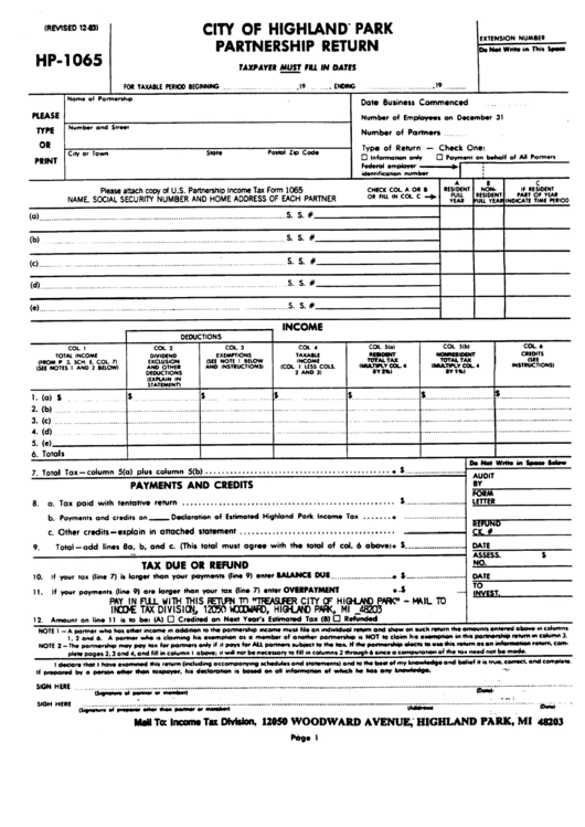 Form Hp-1065 - City Of Highland Park Partnership Return - Income Tax Division Printable pdf