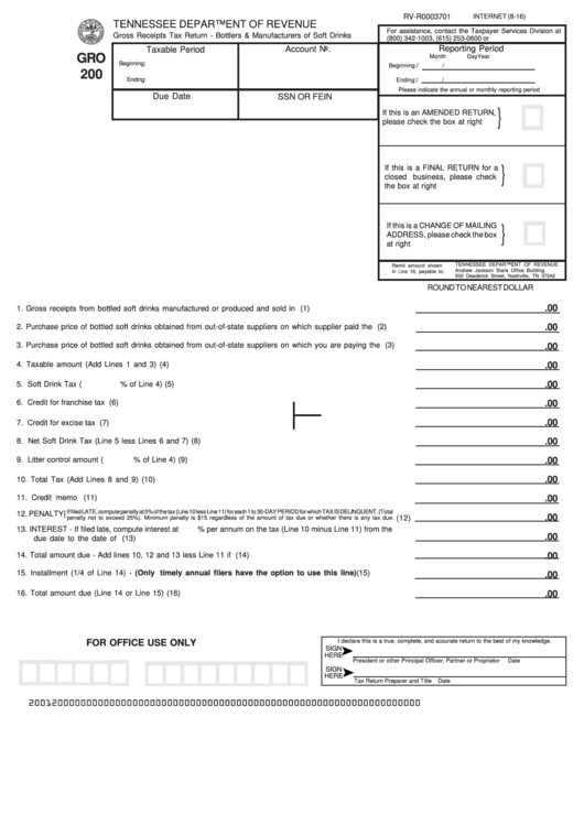 Form Gro 200 - Gross Receipts Tax Return - Bottlers & Manufacturers Of Soft Drinks - Tennessee Department Of Revenue Printable pdf