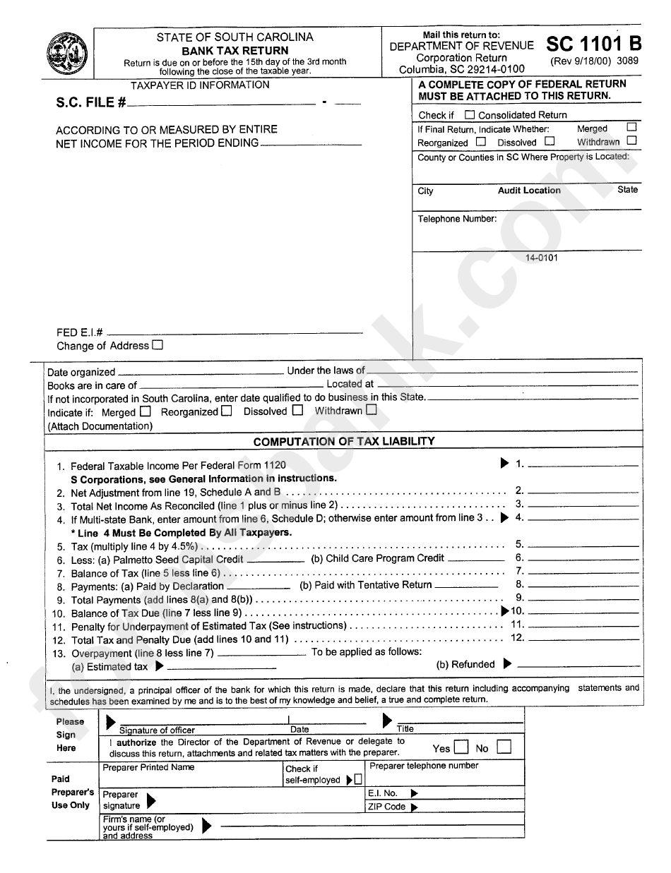 Form Sc 1101 B - Bank Tax Return - South Carolina Department Of Revenue
