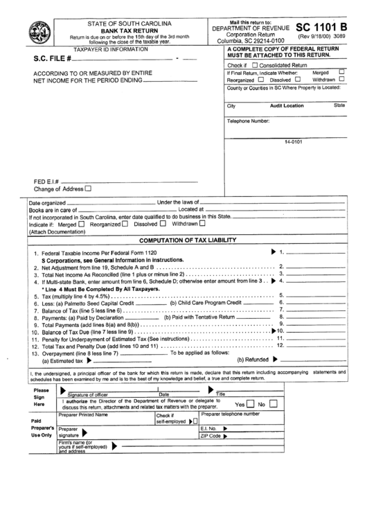 Form Sc 1101 B - Bank Tax Return - South Carolina Department Of Revenue Printable pdf