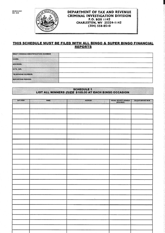 Form Bgo-Sch1 - Schedule 1 List Of All Winners Over 100 Dollars At Each Bingo Occasion - 1995 Printable pdf
