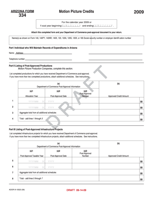 Arizona Form 334 Draft - Motion Picture Credits - 2009 Printable pdf