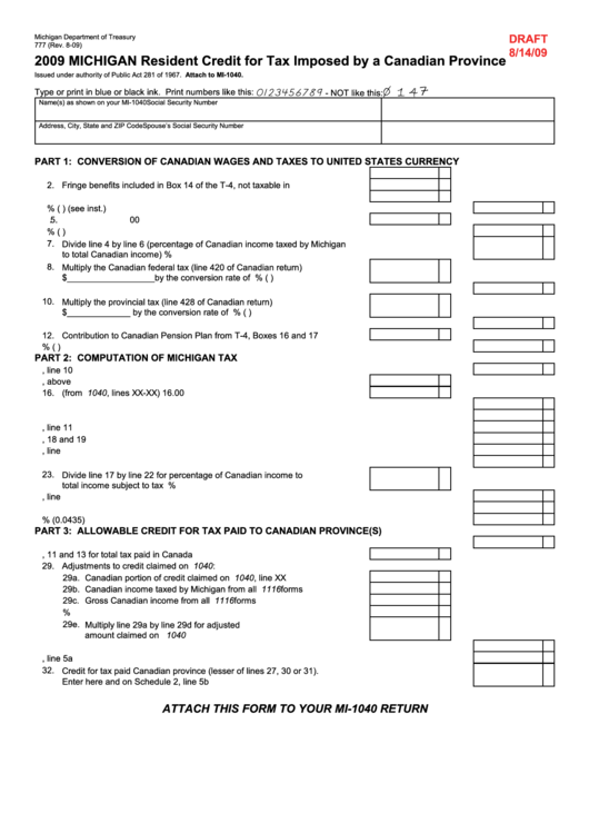Form 777 Draft - Michigan Resident Credit For Tax Imposed By A Canadian Province - 2009 Printable pdf