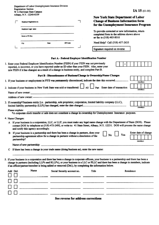 Form Ia 15 - Change Of Business Information Form For The Unemployment Insurance Program - New York State Department Of Labor Printable pdf