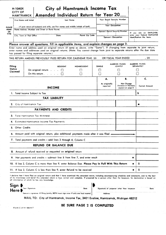 form for income tax h City  1040x Of Tax  Amended H Form Hamtramck Income