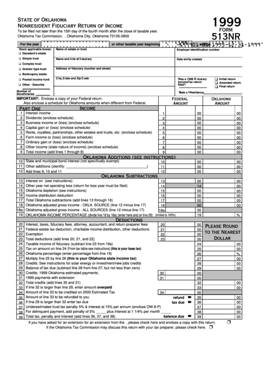 Form 513nr - Nonresident Fiduciary Return Of Income - 1999 Printable pdf