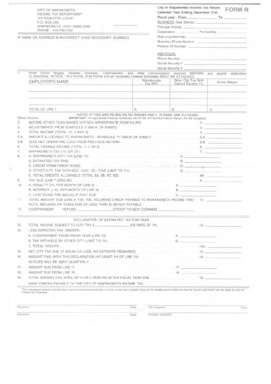 Form R - City Of Wapakoneta Income Tax Return Calendar Year Ending December 31st Printable pdf