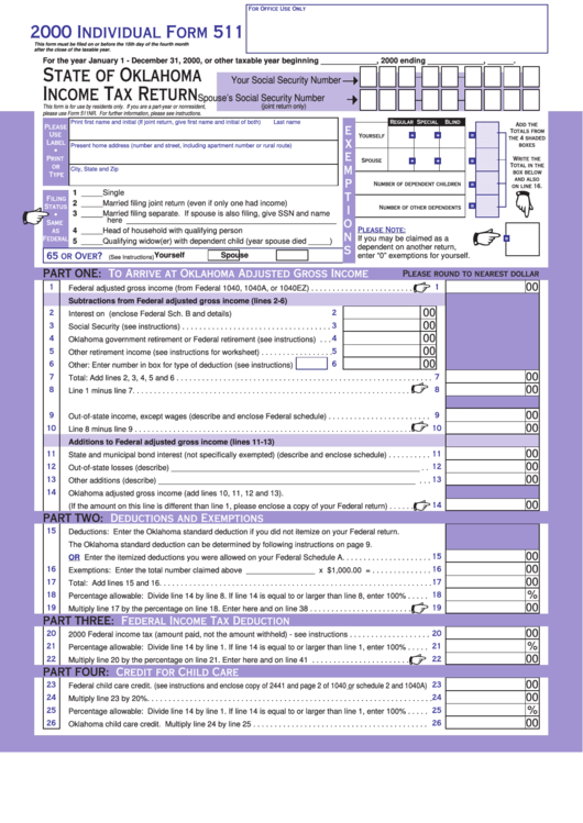 Individual Form 511 - State Of Oklahoma Income Tax Return 2000 Printable pdf