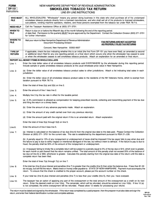 Instructions For Form Dp-151 - Smokeless Tobacco Tax Return Printable pdf