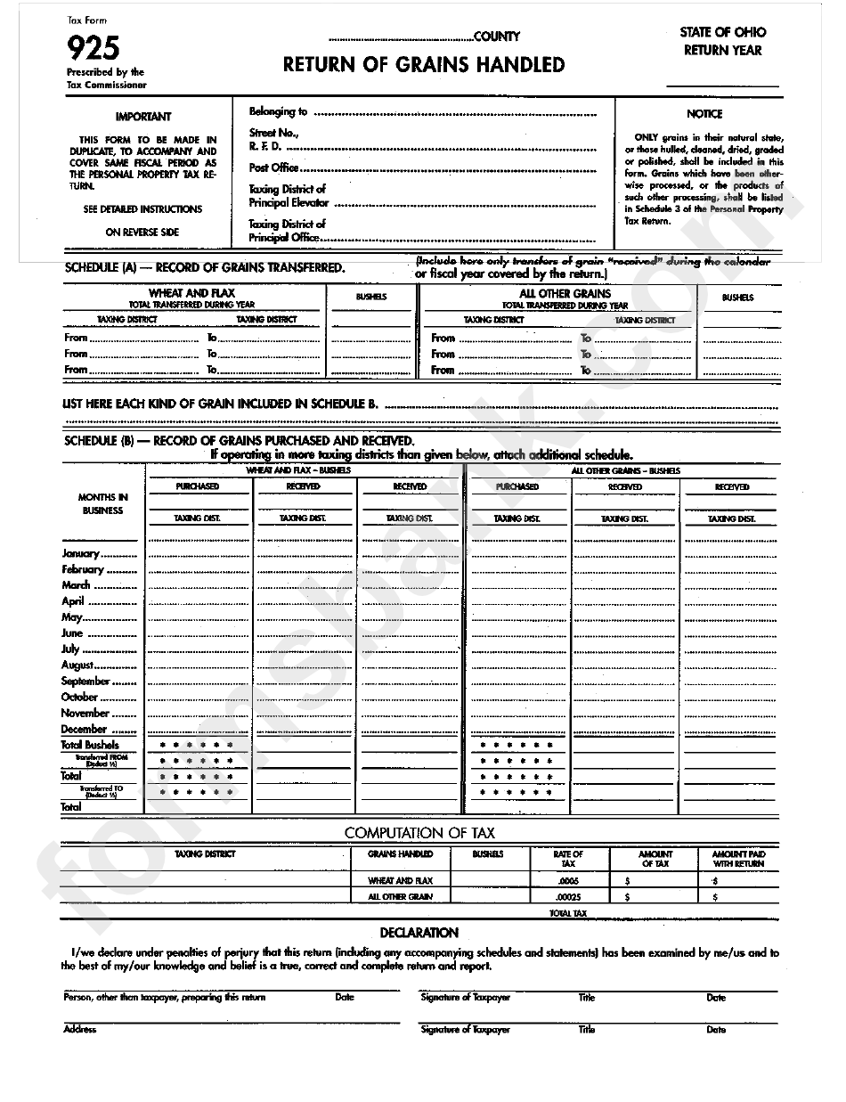 Tax Form 925 - Return Of Grains Handled - Ohio Department Of Taxation