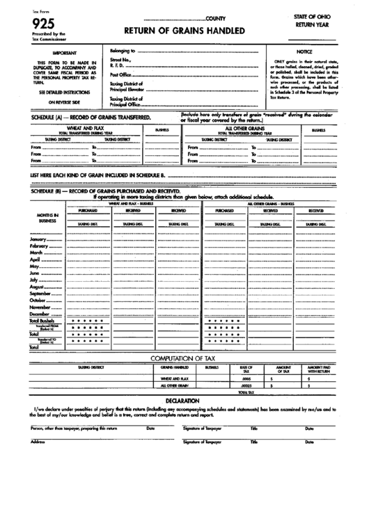 Tax Form 925 - Return Of Grains Handled - Ohio Department Of Taxation Printable pdf