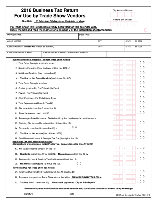 Business Tax Return For Use By Trade Show Vendors Form - 2016 Printable pdf