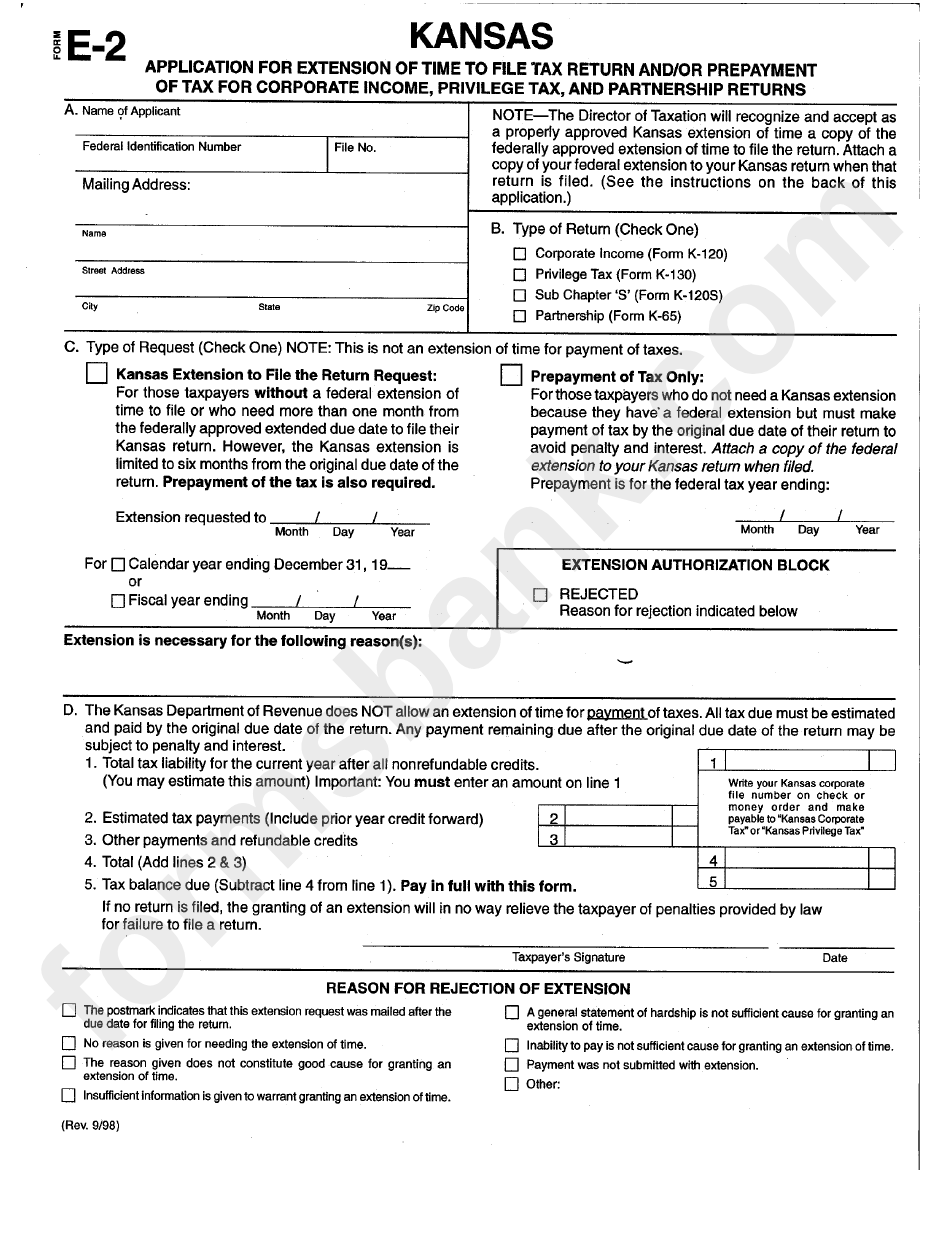 Form E-2 - Application For Extension Of Time To File Tax Return And/or Prepayment Of Tax For Corporate Income, Privilege Tax, And Partnership Returns - 1998