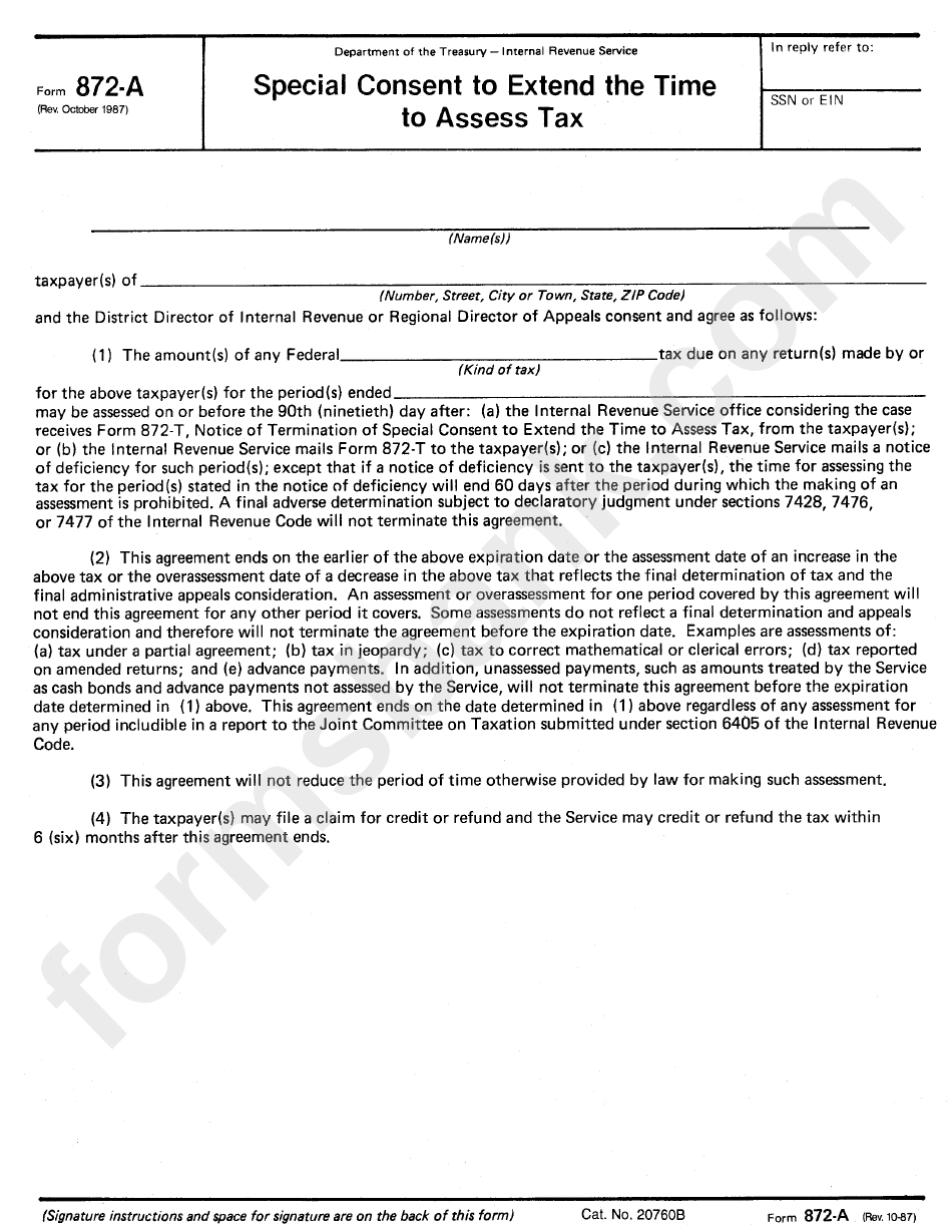 Form 872-A - Special Consent To Extend The Time To Assess Tax