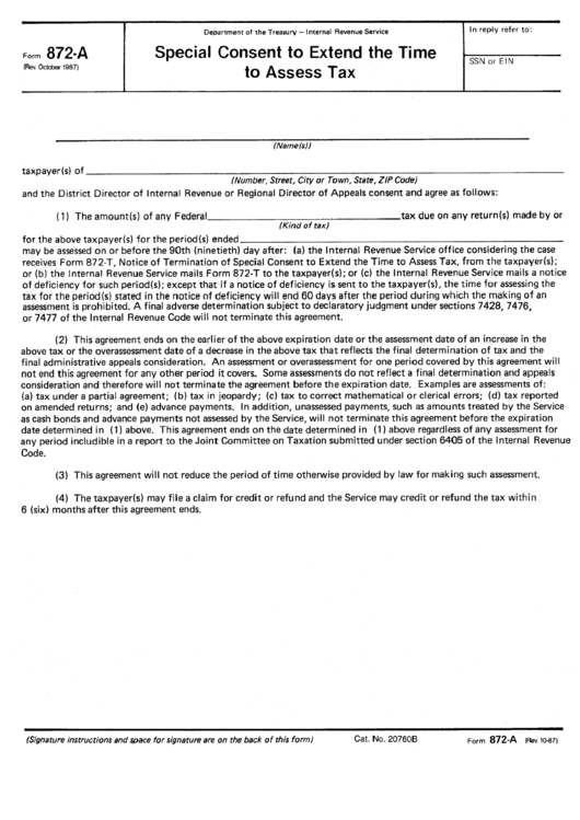 Form 872-A - Special Consent To Extend The Time To Assess Tax Printable pdf