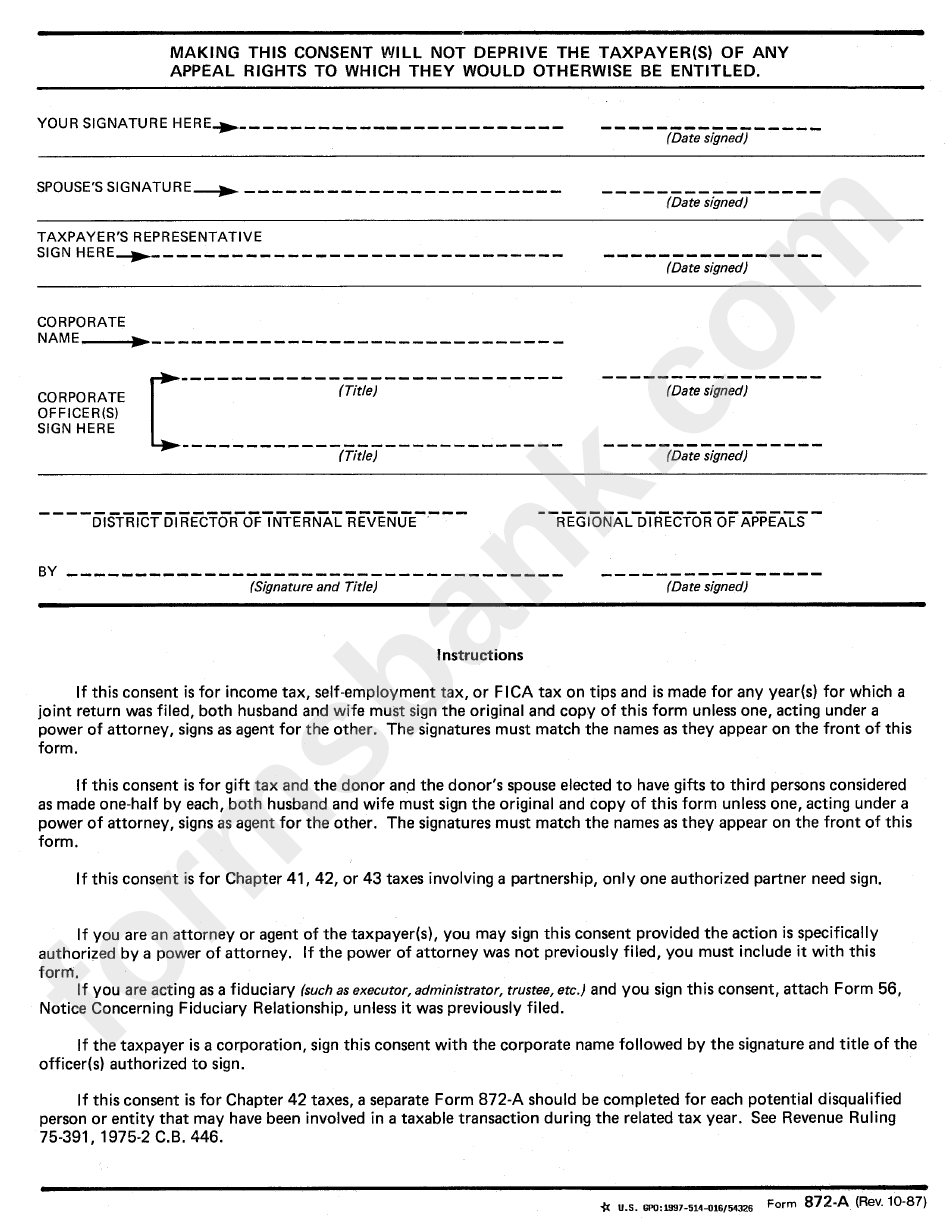 Form 872-A - Special Consent To Extend The Time To Assess Tax