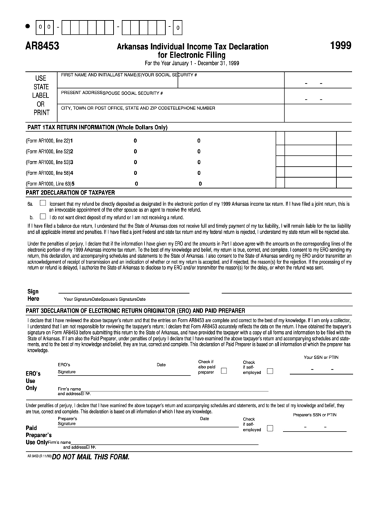 Form Ar8453- Arkansas Individual Income Tax Declaration - 1999 Printable pdf