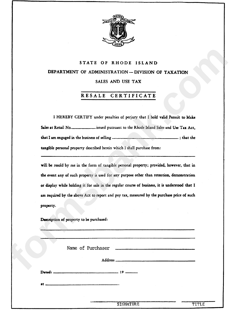 Resale Certificate Form Rhode Island printable pdf download