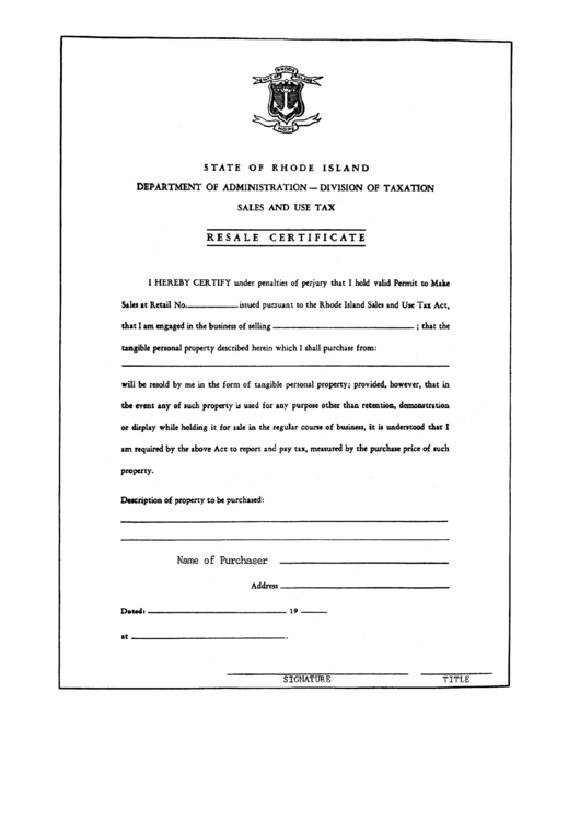 Resale Certificate Form - Rhode Island Printable pdf