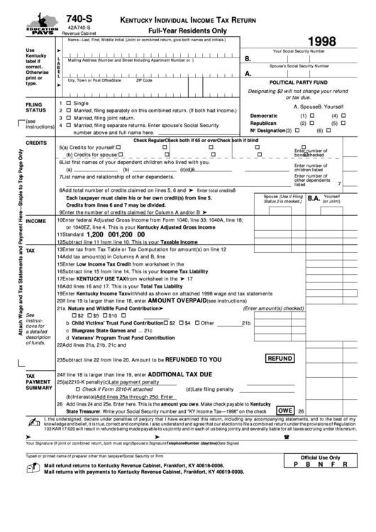 Fillable Form 740-S - Kentucky Individual Income Tax Return Full-Year Residents Only - 1998 Printable pdf