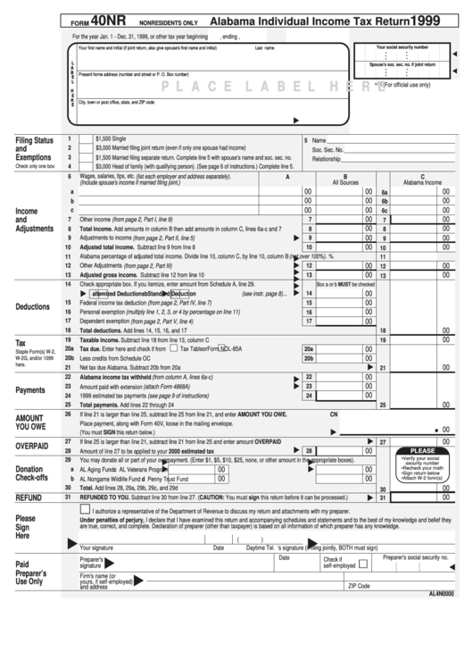 Form 40nr - Alabama Individual Income Tax Return - 1999 Printable pdf