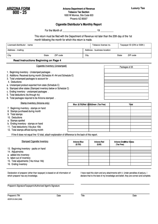 Fillable Arizona Form 800-25 - Cigarette Distributor