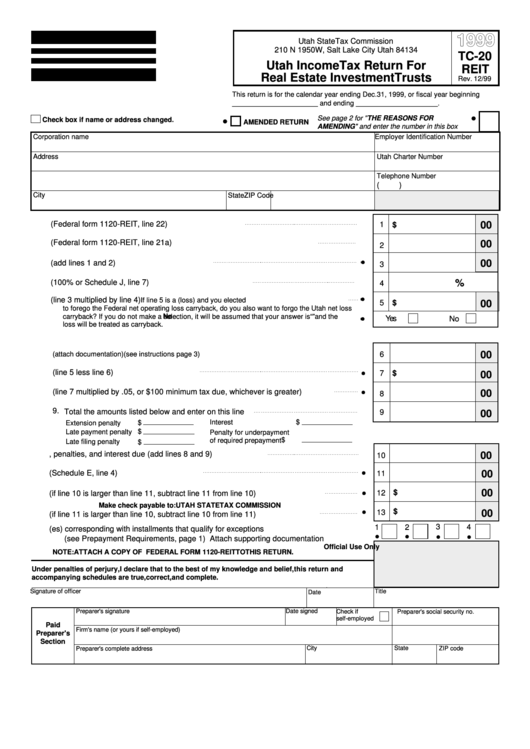 Form Tc-20 Reit - Utah Income Tax Return For Real Estate Investment Trusts - 1999 Printable pdf
