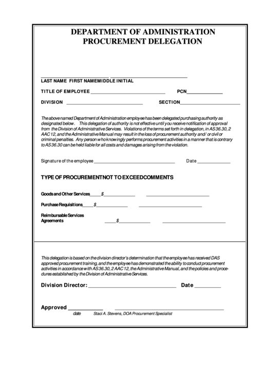 Procurement Delegation - Alaska Department Of Administration Printable pdf